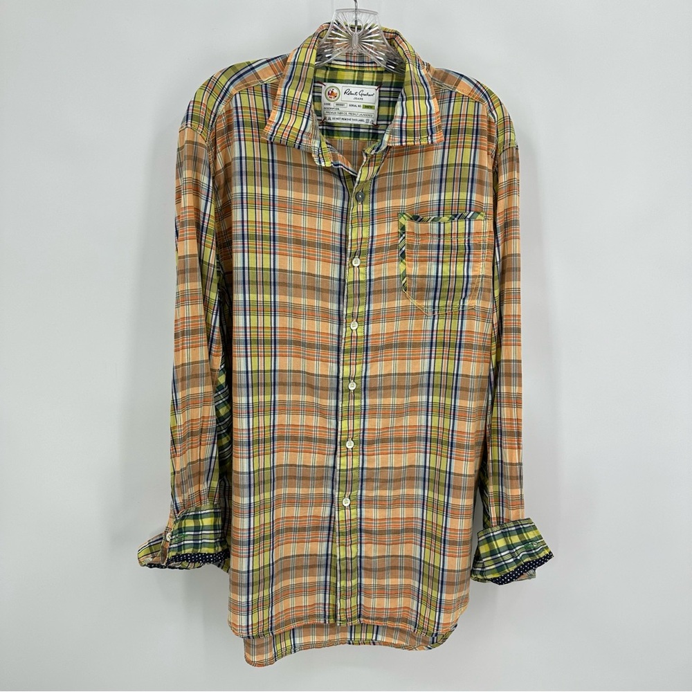 Robert Graham Multicolored Plaid Button Down Shirt Orange Blue Size XL